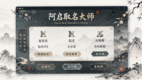 阿启取名大师软件主界面预览图,展示清晰的起名功能布局和古典雅致的界面设计风格,背景为淡雅的中式水墨元素,整体画面干净明亮,突出软件名称和核心功能按钮