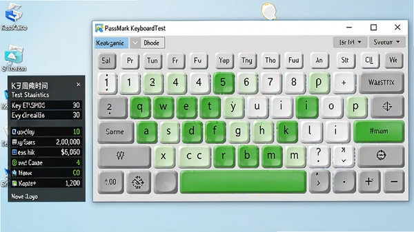 PassMark KeyboardTest软件运行截图,虚拟键盘界面中多个按键呈现绿色高亮状态,左侧信息面板显示按键响应时间与测试统计,背景为简洁的浅色桌面环境,图像清晰展示软件检测逻辑,写实风格