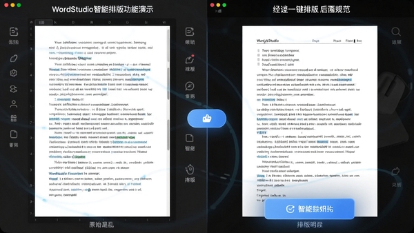 WordStudio智能排版功能演示，左侧是格式混乱的原始文本，右侧是经过一键排版后整齐规范的文档，对比效果明显，界面高亮显示排版按钮