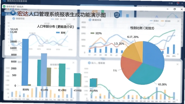 宏达人口管理系统报表生成功能演示图，软件窗口显示人口年龄分布柱状图和性别比例饼图，背景为数字图表和数据曲线，画面简洁专业