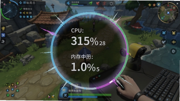 检师兄性能监控悬浮窗效果图，半透明圆形控件显示当前CPU和内存占用百分比，背景为游戏运行画面，悬浮窗边缘有发光效果，色彩鲜艳，动感十足，展示软件在游戏场景下的辅助能力