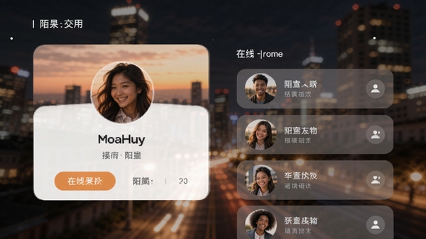 陌交友应用主界面预览图，展示用户个人资料卡片与在线好友列表，背景为模糊的城市夜景，色彩温暖，突出社交氛围，整体风格现代简约，适配Boogu模型生成