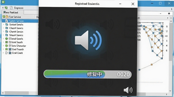 声音图标修复工具正在执行修复操作的界面截图，进度条显示修复中，背景有系统服务列表和注册表键值变化，色彩清晰直观