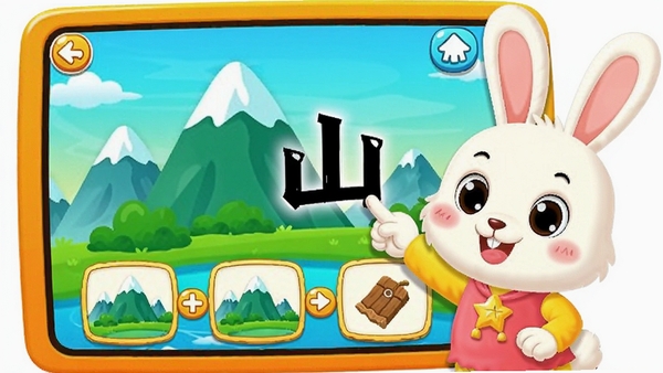 巧兔识字互动教学场景,画面中一只小兔子用手指着屏幕上的“山”字,旁边是连绵的山峰动画,下方有几个待匹配的图片选项,整体界面活泼,色彩饱和度高,体现游戏的趣味性和互动性