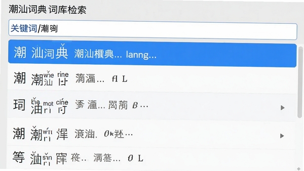 潮汕词典词库检索界面，展示输入关键词后出现的多个词条列表，每个词条包含汉字、潮汕拼音和简短释义，界面有蓝色高亮选中效果，背景为浅灰色，整体风格专业清晰