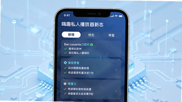 嗨趣私人播放器更新日志配图,手机屏幕展示版本更新界面,有“新增”“优化”“修复”三个标签,每个标签下列出具体内容,背景为淡蓝色的科技感背景,整体风格简洁明快,突出更新信息