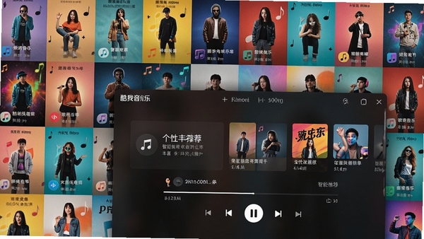 酷我音乐软件界面展示海量曲库与个性化推荐歌单，背景为多彩音乐海报墙，前景为播放器主界面，突出智能推荐与丰富音乐资源