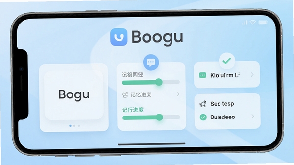 单词助记手主界面预览图，显示单词卡片、记忆进度条和每日任务模块，背景为柔和的浅蓝色渐变，整体风格简洁现代，界面布局清晰，突出软件名称logo，适配Boogu模型生成