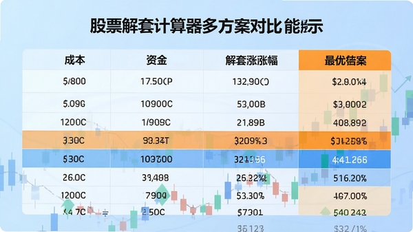 股票解套计算器多方案对比功能展示,显示多个方案的数据表格,包含成本、资金、解套涨幅等列,背景为浅蓝色渐变,表格行高亮显示最优方案,界面清爽,数据可视化