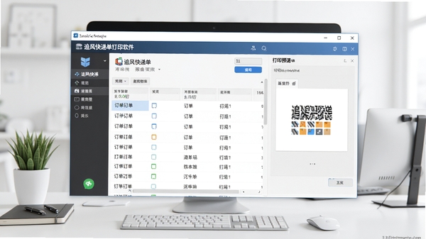 追风快递单打印软件界面预览图，展示主界面、订单列表、打印预览功能区域，背景为整洁的电脑桌面，整体风格清爽明亮，软件窗口居中显示，图标清晰可辨，画面比例为16:9，高清渲染，细节丰富