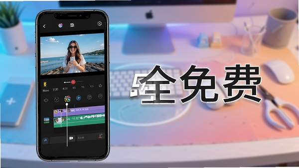 剪辑全免费主界面展示,手机屏幕中显示剪辑时间线、特效按钮和预览窗口,背景为渐变色工作台,整体风格简洁现代,突出软件名称“剪辑全免费”字样,画面明亮清晰,适配竖屏展示