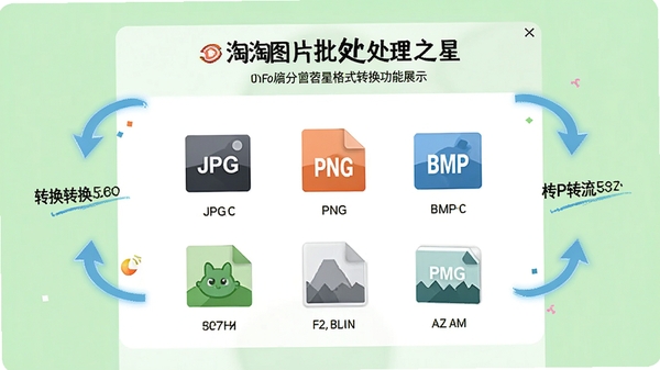 淘淘图片批处理之星格式转换功能展示,界面中央显示多种图片格式图标,如JPG、PNG、BMP,周围环绕转换流程箭头,背景为浅绿色干净背景,风格简洁明快