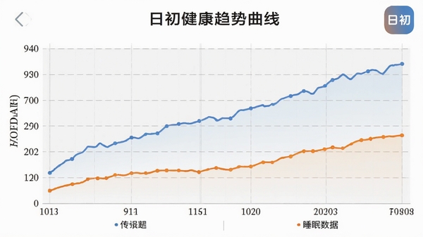 日初健康趋势曲线图展示,折线图显示体重与睡眠数据变化,背景是浅灰色网格,图表线条为蓝色和橙色,右上角有日初小图标,整体设计简洁专业,突出数据可视化效果
