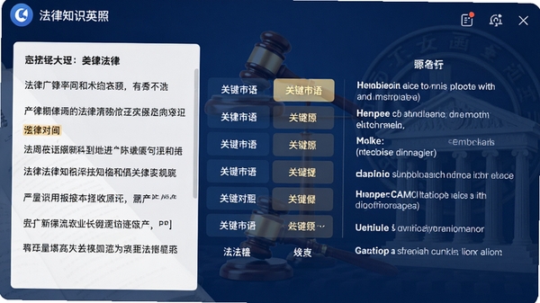 法律知识英汉对照软件主界面预览图，左侧为中文法律条文，右侧为对应英文翻译，中间高亮显示关键术语对照，背景为深蓝色法治主题，界面设计现代简洁，图标清晰，整体氛围专业严谨