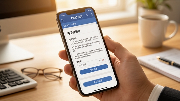 CQC移动签软件主界面展示，手机屏幕内呈现电子合同签署页面，背景为办公桌面环境，暖色调，光线明亮，细节清晰，适配Boogu模型生成