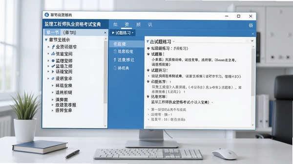 监理工程师执业资格考试宝典主界面截图，展示软件在电脑桌面上的运行状态，左侧为章节列表，右侧为试题练习区，背景为简洁的办公桌面，整体色调以蓝色和白色为主，突出专业与清晰感。