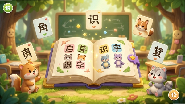 启芽识字电脑版主界面，展示色彩柔和的卡通学习场景，画面中央是一本打开的魔法识字书，四周漂浮着带有汉字卡片的可爱小动物，背景是温馨的森林教室，整体风格童趣明亮，细节丰富，高清渲染
