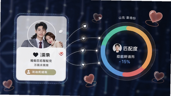 新时代婚恋交友智能匹配功能示意图，画面左侧为个人资料卡片，右侧展示与另一位用户的匹配度环形图，背景有连接线和心形图标，科技感与温馨感并存