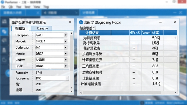 高速公路坐标高程计算软件坐标正反算功能操作演示，界面显示输入参数面板与计算结果输出表格，背景虚化处理突出数据精确性，色调以蓝色和白色为主，体现工程软件的严谨感