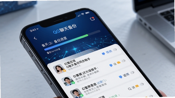 QG聊天备份同步助手界面预览图，手机屏幕显示备份进度条和聊天记录列表，背景为深蓝色科技感渐变，主视觉居中，细节丰富，高清渲染