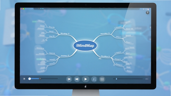iMindMap演示模式播放画面预览图，电脑屏幕中展示一张思维导图正在以全屏模式播放，当前高亮显示一个中心主题，周围分支逐渐淡入，界面底部有控制播放的工具栏按钮，背景为柔和的渐变蓝色