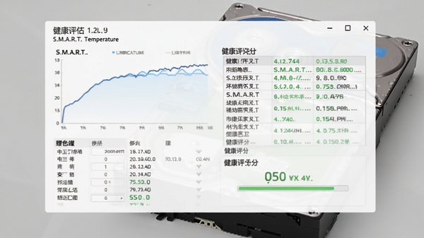 硬盘坏道修复工具健康评估界面截图,显示硬盘温度曲线、S.M.A.R.T.属性列表和健康评分,配合硬盘实体图片作为背景,风格清爽直观