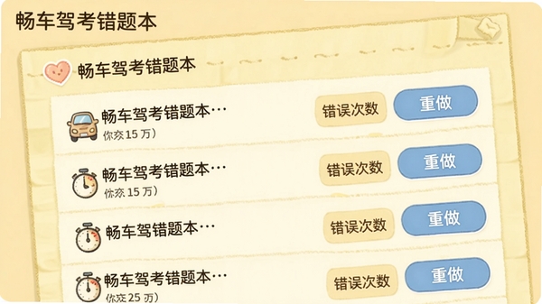 畅车驾考错题本界面，列表展示错题题目、错误次数和重做按钮，背景为淡黄色便签纸风格，左上角标注软件名称，整体色调温馨