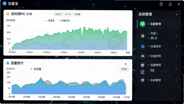 流量宝软件主界面预览图，展示实时网速曲线、流量统计图表以及连接管理面板，背景为深色科技风格，界面元素清晰明亮，突出流量监控核心功能