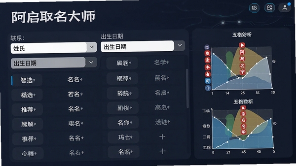 阿启取名大师智能起名功能演示,界面显示输入姓氏和出生日期后,系统生成多个候选名字及对应的五格数理解析图表,画面风格清晰专业,突出软件名称和推荐名字列表