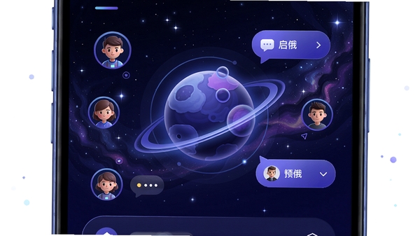 启俄星球APP界面预览图，展示其独特的星球风格UI设计，主色调为深邃蓝紫渐变，中央是动态的星球图标，周围环绕着用户头像与消息气泡，背景是繁星点点的宇宙空间，画面整体充满科技感与未来感，风格高清，细节丰富