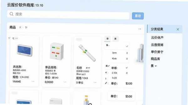 云报价软件商品库界面，展示搜索框、商品列表和分类导航，商品卡片上显示名称、规格、单位、单价，背景为淡蓝色，界面清晰直观