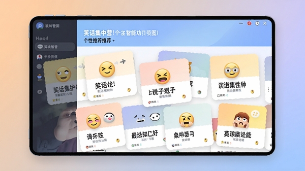 笑话集中营智能推荐功能示意图，画面展示软件首页推荐列表，不同分类的笑话卡片错落排列，每张卡片上有一个表情图标和简短标题，背景为柔和的渐变色，突出个性化推荐概念