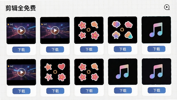 剪辑全免费素材库页面,展示分类排列的转场特效、贴纸、音乐图标,每个素材缩略图下方有下载按钮,背景为浅色网格,风格清新,突出软件名称“剪辑全免费”