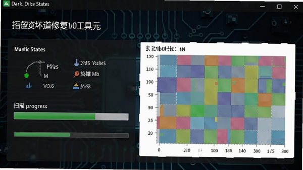 硬盘坏道修复工具主界面截图，显示磁盘健康状态，扫描进度条与坏道分布色块图，背景为深色科技感电路板纹理，整体风格专业简洁，软件名称清晰可见
