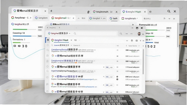 爱博email搜索圣手正在多个搜索引擎中并行搜索关键词，界面显示不同搜索引擎的标签页，每个标签页有进度条和结果计数，中间主区域展示抓取到的网页列表，背景为浅灰色工作台