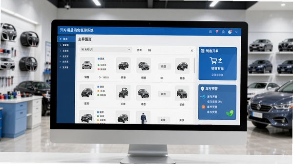 汽车用品销售管理系统主界面预览图，展示商品列表、销售开单、库存预警等功能模块，整体风格简洁商务，色彩以蓝白为主，画面主体为电脑屏幕中的软件界面，背景为整洁的汽车用品店铺环境