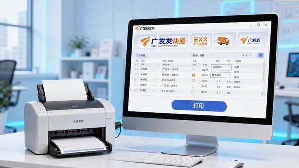 广发快递单打印软件主界面预览,一台电脑连接着高速打印机,桌面上显示着简洁的批量打单操作面板,上方有快递公司logo图标排列,中间为订单数据列表,下方为醒目的打印按钮,整体风格干净明亮,科技感强