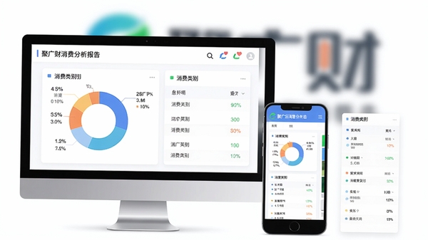 聚广财消费分析报告页面，展示环形统计图和消费类别列表，界面采用卡片式设计，颜色清新，电脑和手机多端同步示意，背景为模糊的聚广财logo，整体风格专业且易读，突出数据洞察功能