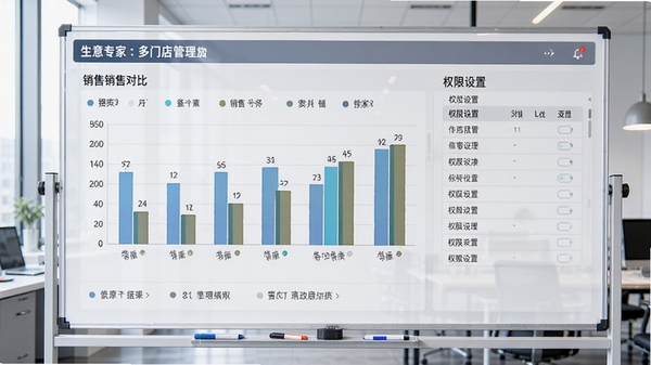 生意专家多门店管理数据看板，显示各分店销售对比柱状图和权限设置列表，背景为办公室白板，风格商务专业