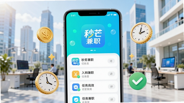 现代手机界面展示秒芒兼职APP主页面，背景为明亮的城市工作场景，画面中心是一台大屏智能手机，屏幕中清晰显示“秒芒兼职”应用图标和任务列表，周围有金币、时钟、对勾等元素，整体色调清新活泼，强调便捷与高效，适合作为软件介绍主图