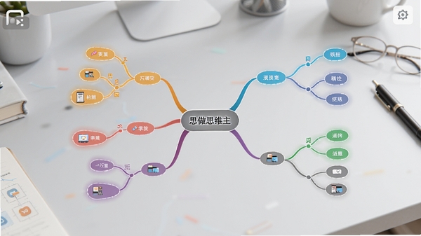 享做思维主界面预览图，展示一个清晰的项目思维导图，中心主题发散出多个彩色分支节点，背景为柔和的浅灰色工作台，图标风格简约现代，整体画面干净明亮，突出移动端思维导图工具的便捷性