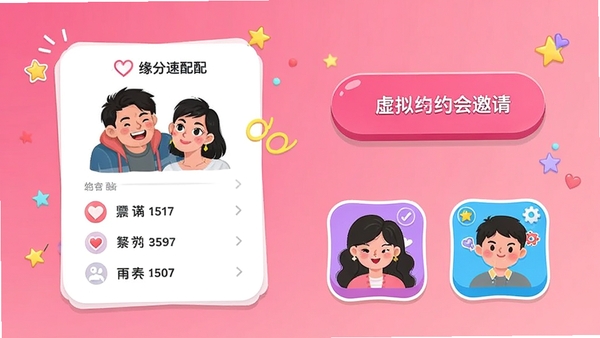 本地单身约会互动玩法界面，包含缘分速配答题卡片、虚拟约会邀请按钮和双人小游戏图标，背景为渐变粉色，画面活泼有趣