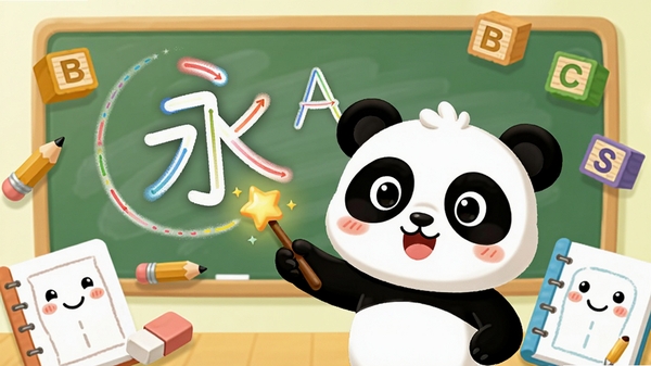 一幅温馨的卡通风格教育软件宣传图,画面中央是可爱的熊猫老师用魔法棒指着空中显示的汉字“永”和英文字母“A”的彩色笔顺动画轨迹,周围环绕着铅笔、橡皮擦和带有笑脸的练习本,背景是浅绿色的黑板和飘浮的字母积木,画面明亮活泼,突出汉字笔顺英语卡通解释的教学氛围