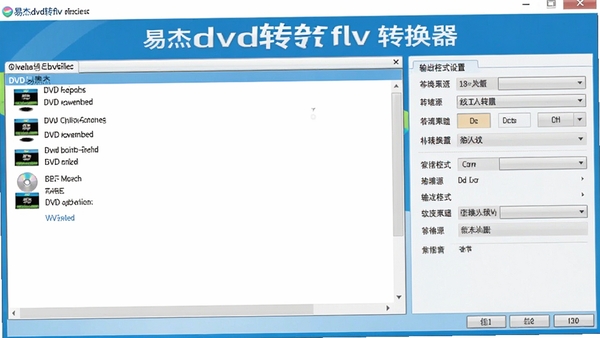 易杰dvd转flv转换器主界面预览图,左侧为DVD源文件列表,右侧为输出格式设置面板,整体采用蓝白配色,界面清晰整洁,突出软件名称易杰dvd转flv转换器