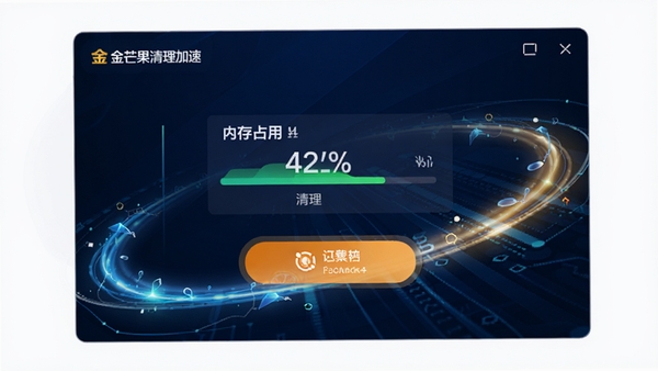 金芒果清理加速功能运行界面，显示内存占用百分比和清理按钮，周围有流畅线条和光效，背景为深蓝色科技感风格，突出速度与效率
