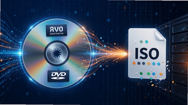 典石DVD创建光盘镜像的过程示意图,画面展示光盘中的数据被转换为ISO文件的动态效果,背景有数据流线条,色调以蓝色和橙色为主,突出高速与稳定性