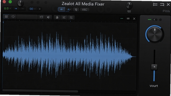 Zealot All Media Fixer音频波形编辑界面，显示音频波形图，右侧有音量调节旋钮，背景为深色音频工作室风格，整体氛围专业