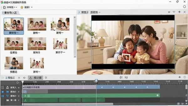 家庭vcd相册制作系统主界面预览图，左侧为素材导入区，右侧为预览窗口，下方时间轴轨道清晰可见，整体风格简洁明亮，中文界面，背景为家庭温馨场景