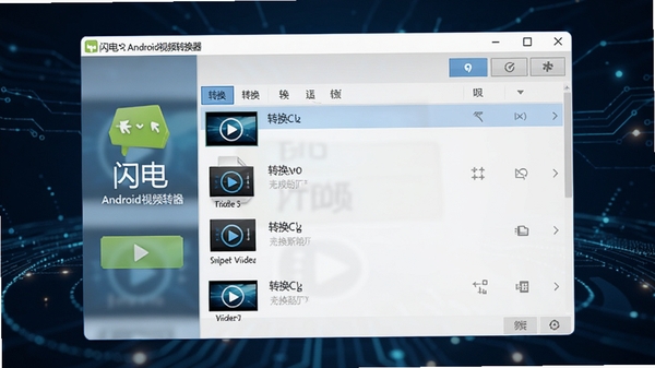 闪电Android视频转换器的软件主界面截图，展示简洁的工具布局和视频文件列表，背景为深蓝色科技感氛围，图标清晰，整体画面干净明亮，突出软件名称和转换功能按钮