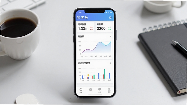 抖老板软件主界面展示图,画面中央是一部智能手机,屏幕显示抖老板的店铺数据看板,包含订单数量、销售额曲线、商品浏览趋势等彩色图表,背景为浅灰色办公桌面,旁边放有一杯咖啡和笔记本,整体光线明亮清晰,风格简洁现代,突出移动办公场景